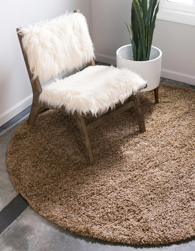 Sandy Brown 7' 10 x 7' 10 Solid Shag Round Area Rug Thick Soft Touch Fluffy & Plush Shaggy Pile Durable Minimalist Carpet for Classic Interior Design for Sale at Rug Engine