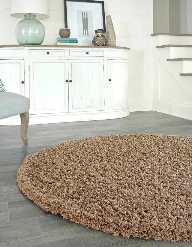 Sandy Brown 7' 10 x 7' 10 Solid Shag Round Area Rug Thick Soft Touch Fluffy & Plush Shaggy Pile Durable Minimalist Carpet for Classic Interior Design for Sale at Rug Engine