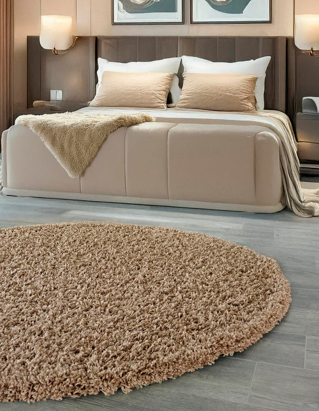 Sandy Brown 7' 10 x 7' 10 Solid Shag Round Area Rug Thick Soft Touch Fluffy & Plush Shaggy Pile Durable Minimalist Carpet for Classic Interior Design for Sale at Rug Engine