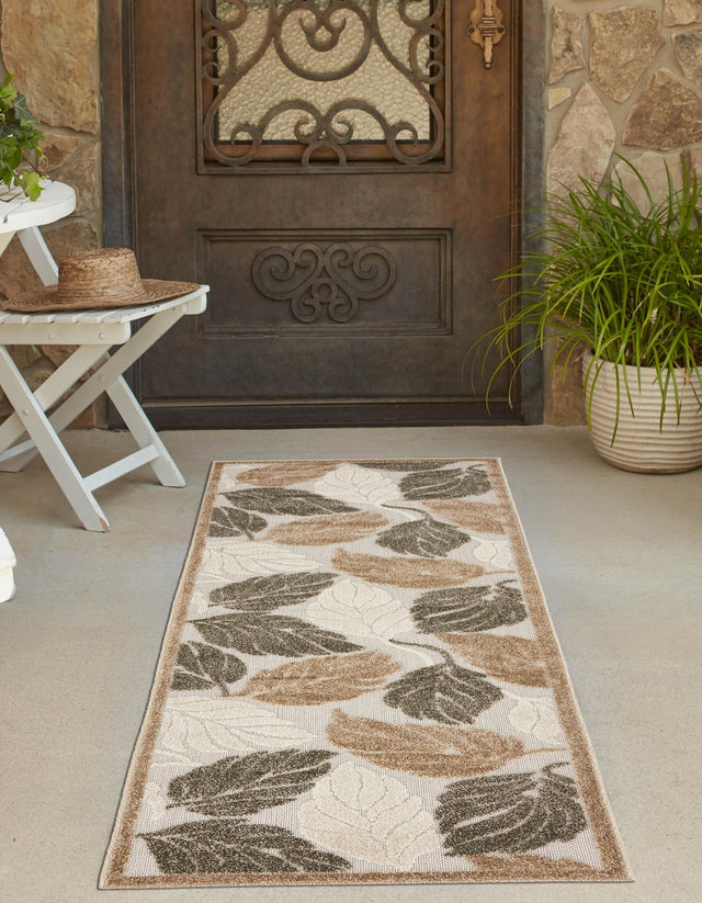 Beige 2' x 6' Outdoor Botanical Runner Area Rug Weather Resistant for Patio, Deck, Terrace, Balcony, Porch Polypropylene Garden Floral Tropical Carpet for Sale at Rug Engine