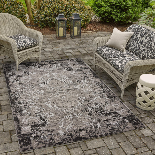 Light Gray 6' 1 x 9' Outdoor Botanical Rectangle Area Rug Weather Resistant for Patio, Deck, Terrace, Balcony, Porch Polypropylene Garden Floral Tropical Carpet for Sale at Rug Engine