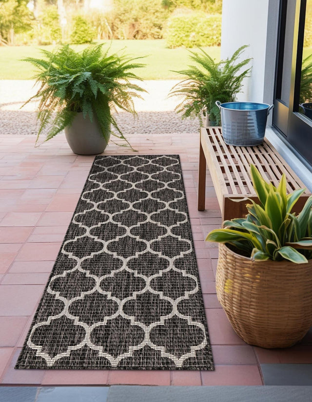 Black 2' 7 x 10' Outdoor Trellis Runner Area Rug Weather Resistant for Patio, Deck, Terrace, Balcony, Porch Geometric Design Water Safe Outside Carpet for Sale at Rug Engine