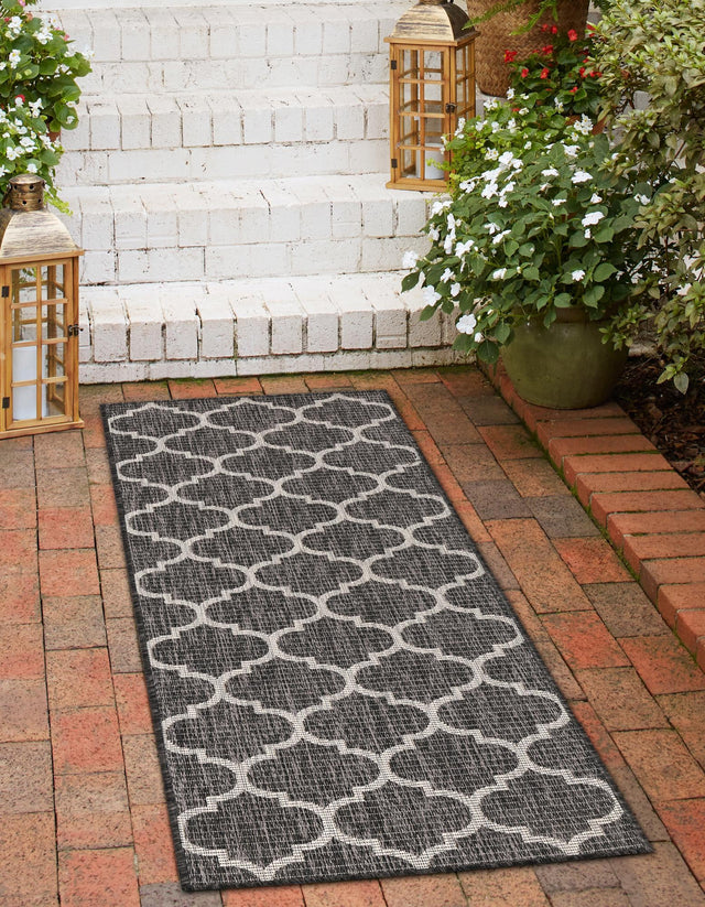 Black 2' 7 x 10' Outdoor Trellis Runner Area Rug Weather Resistant for Patio, Deck, Terrace, Balcony, Porch Geometric Design Water Safe Outside Carpet for Sale at Rug Engine