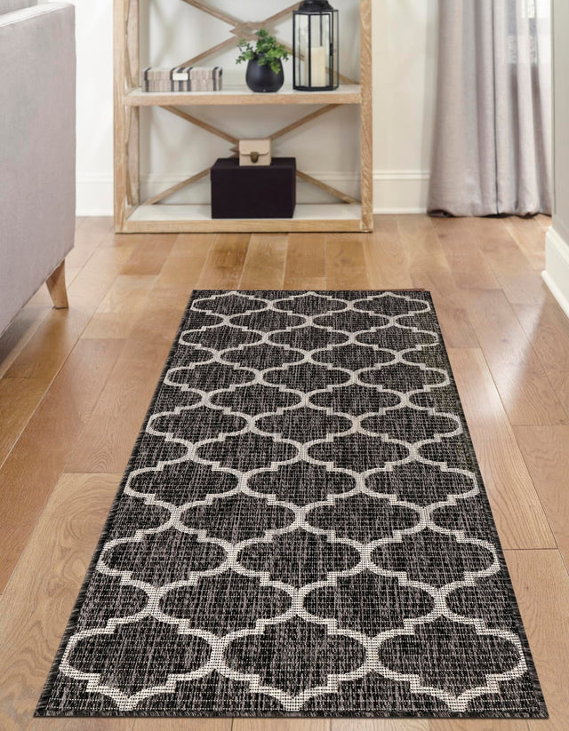 Black 2' 7 x 10' Outdoor Trellis Runner Area Rug Weather Resistant for Patio, Deck, Terrace, Balcony, Porch Geometric Design Water Safe Outside Carpet for Sale at Rug Engine