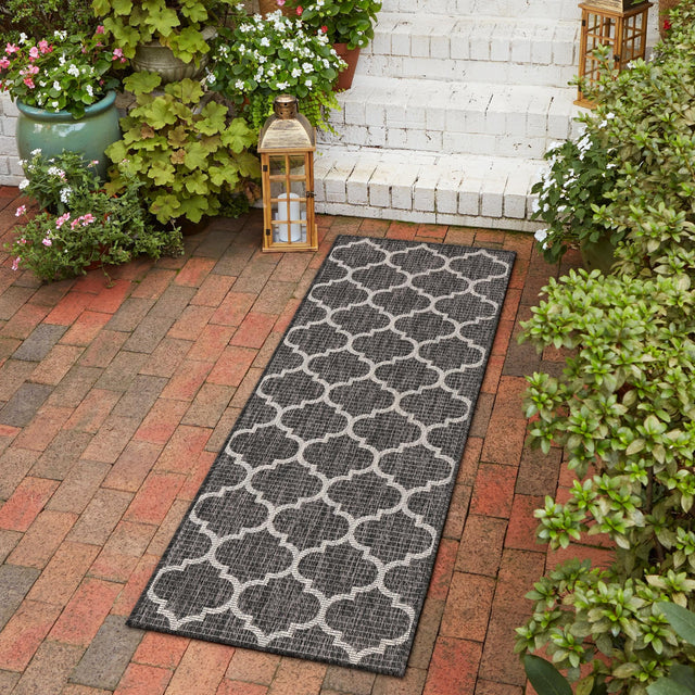 Black 2' x 8' Outdoor Trellis Runner Area Rug Weather Resistant for Patio, Deck, Terrace, Balcony, Porch Geometric Design Water Safe Outside Carpet for Sale at Rug Engine