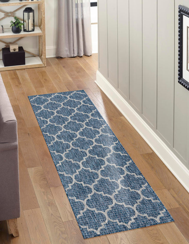 Navy Blue 2' x 6' 1 Outdoor Trellis Runner Area Rug Weather Resistant for Patio, Deck, Terrace, Balcony, Porch Geometric Design Water Safe Outside Carpet for Sale at Rug Engine