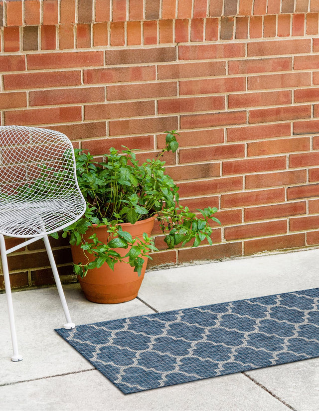 Navy Blue 2' x 6' 1 Outdoor Trellis Runner Area Rug Weather Resistant for Patio, Deck, Terrace, Balcony, Porch Geometric Design Water Safe Outside Carpet for Sale at Rug Engine