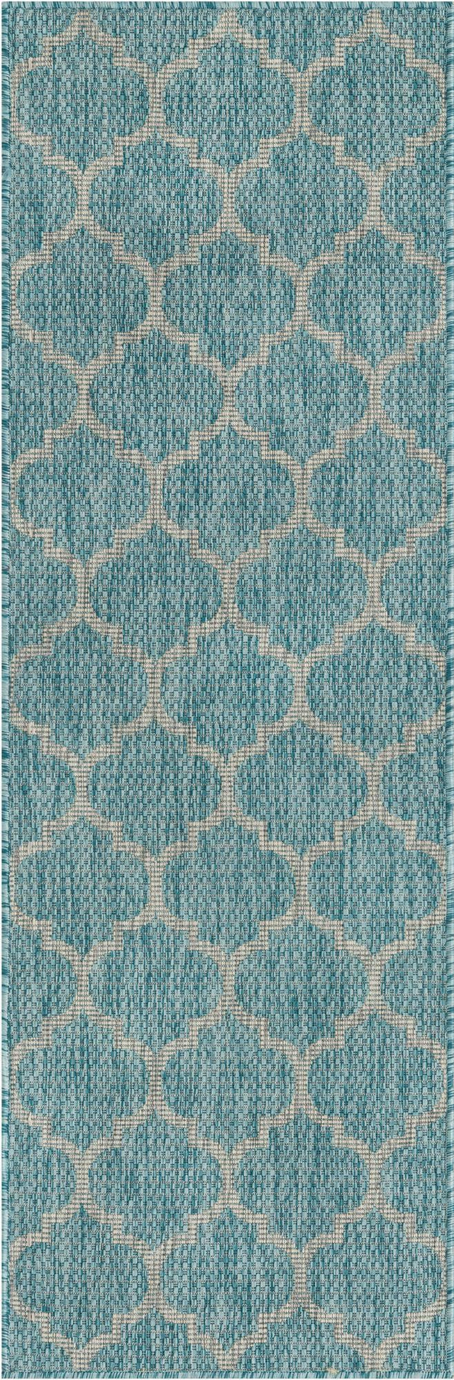 Aquamarine 2' x 6' 1 Outdoor Trellis Runner Area Rug Weather Resistant for Patio, Deck, Terrace, Balcony, Porch Geometric Design Water Safe Outside Carpet for Sale at Rug Engine
