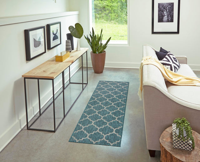 Teal 2' x 8' Outdoor Trellis Runner Area Rug Weather Resistant for Patio, Deck, Terrace, Balcony, Porch Geometric Design Water Safe Outside Carpet for Sale at Rug Engine
