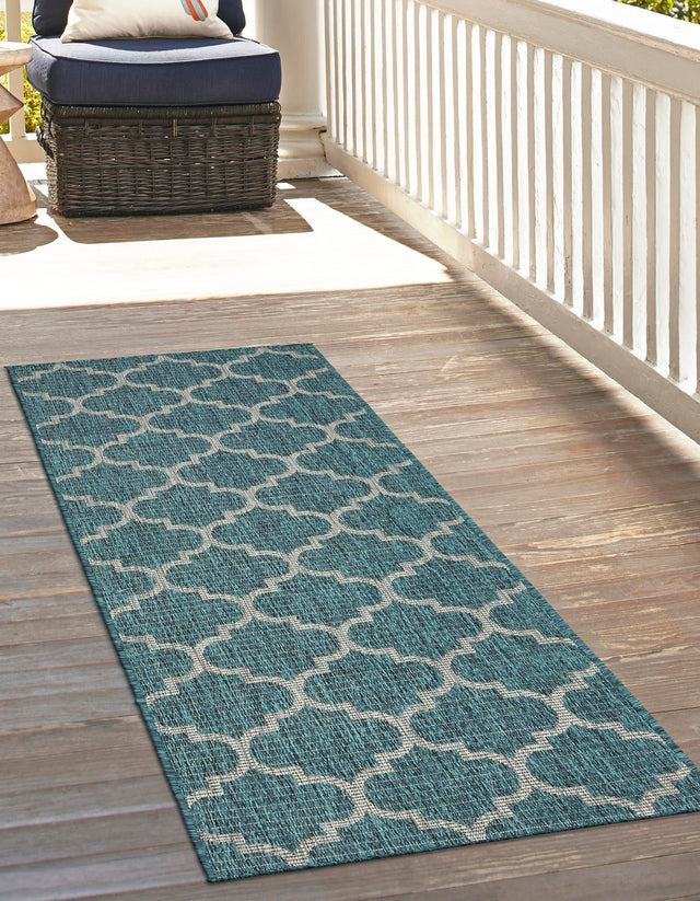 Teal 2' x 8' Outdoor Trellis Runner Area Rug Weather Resistant for Patio, Deck, Terrace, Balcony, Porch Geometric Design Water Safe Outside Carpet for Sale at Rug Engine