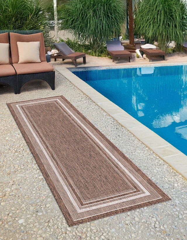 Brown 2' 7 x 10' Outdoor Border Runner Area Rug Weather Resistant for Patio, Deck, Terrace, Balcony, Porch 100% Polypropylene Classic Bordered Carpet for Sale at Rug Engine