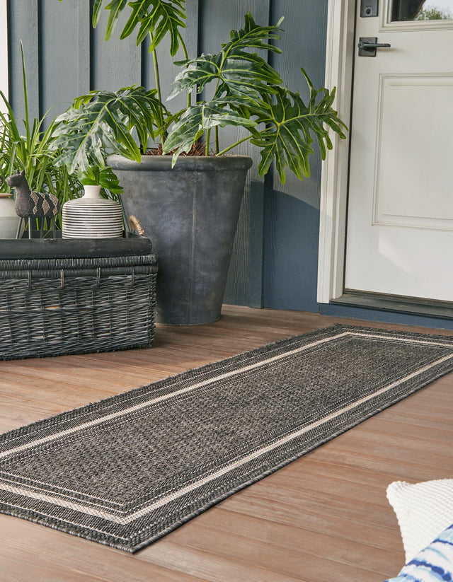 Black 2' 7 x 10' Outdoor Border Runner Area Rug Weather Resistant for Patio, Deck, Terrace, Balcony, Porch 100% Polypropylene Classic Bordered Carpet for Sale at Rug Engine