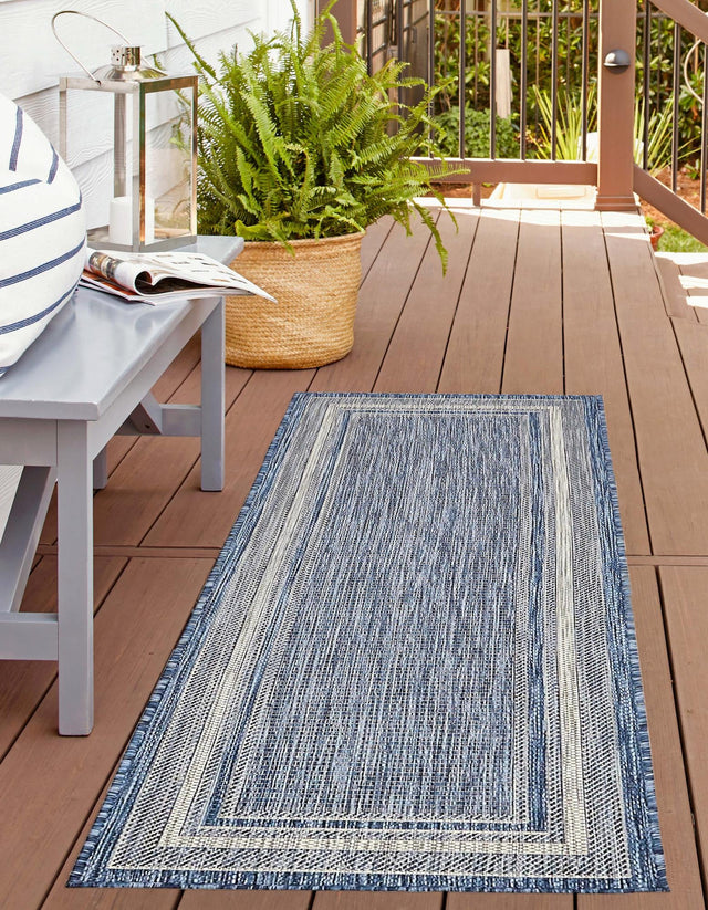 Blue 2' x 6' 1 Outdoor Border Runner Area Rug Weather Resistant for Patio, Deck, Terrace, Balcony, Porch 100% Polypropylene Classic Bordered Carpet for Sale at Rug Engine