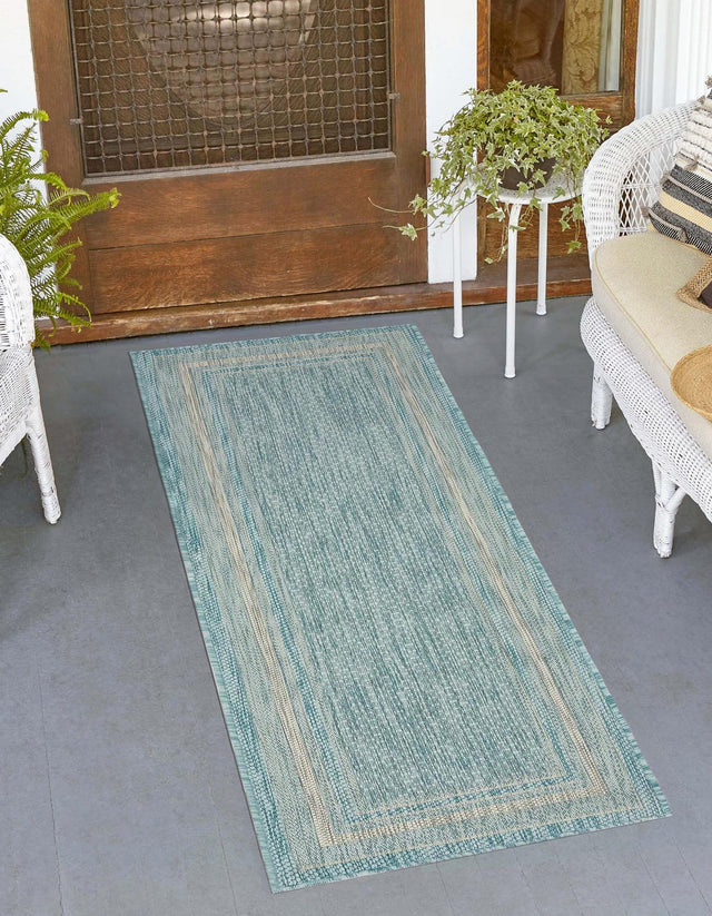 Aquamarine 2' x 6' 1 Outdoor Border Runner Area Rug Weather Resistant for Patio, Deck, Terrace, Balcony, Porch 100% Polypropylene Classic Bordered Carpet for Sale at Rug Engine