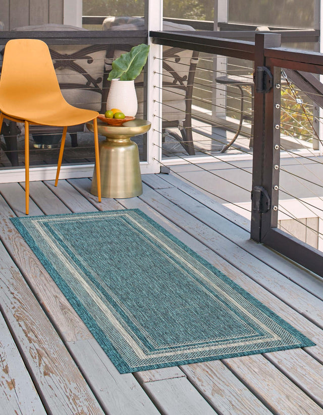 Teal 2' x 6' 1 Outdoor Border Runner Area Rug Weather Resistant for Patio, Deck, Terrace, Balcony, Porch 100% Polypropylene Classic Bordered Carpet for Sale at Rug Engine