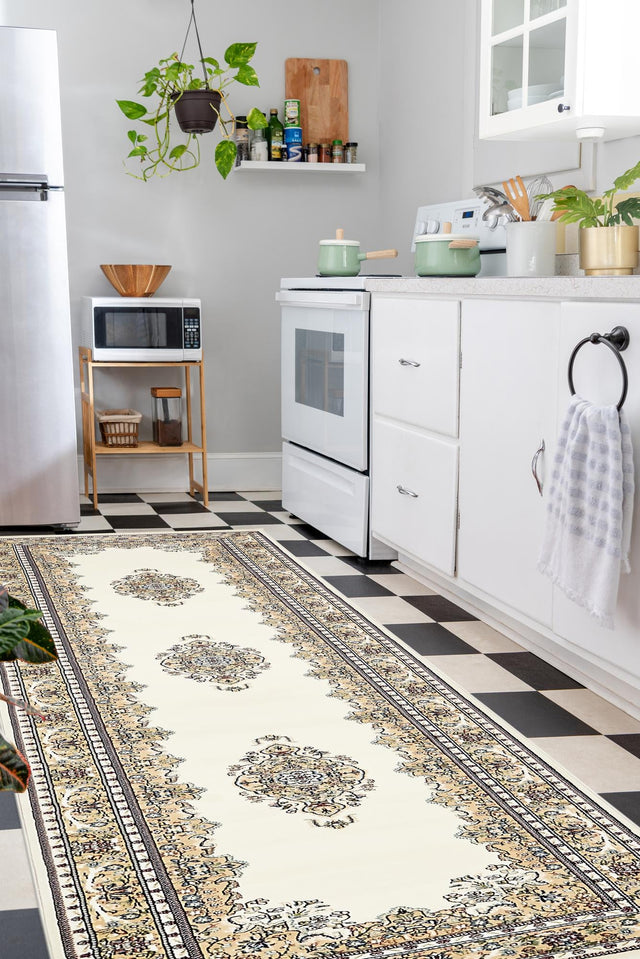 Cream 2' 11 x 13' 1 Narenj Runner Area Rug 85% Polypropylene & 15% Polyester Traditional Classic Carpet for Living, Dining, Bedrooms, Office for Sale at Rug Engine