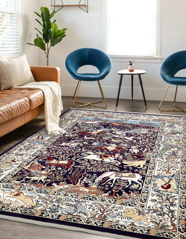 Navy Blue 5' 3 x 8' Narenj Rectangle Area Rug 85% Polypropylene & 15% Polyester Traditional Classic Carpet for Living, Dining, Bedrooms, Office for Sale at Rug Engine