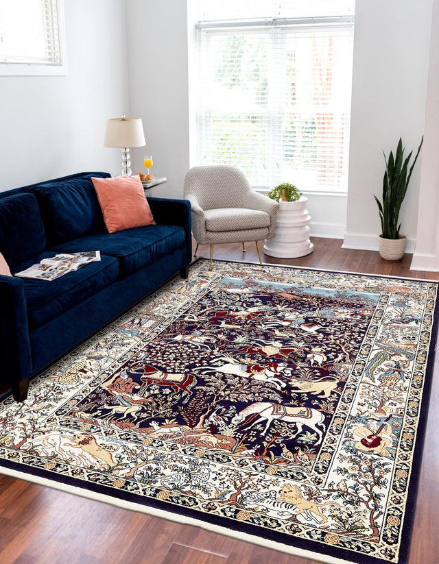 Navy Blue 5' 3 x 8' Narenj Rectangle Area Rug 85% Polypropylene & 15% Polyester Traditional Classic Carpet for Living, Dining, Bedrooms, Office for Sale at Rug Engine