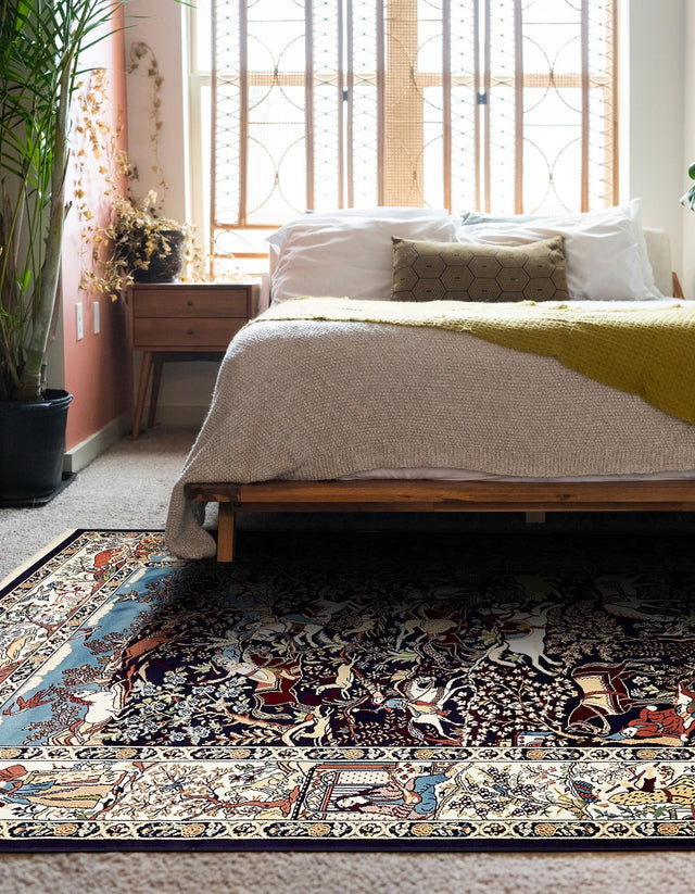 Navy Blue 5' 3 x 8' Narenj Rectangle Area Rug 85% Polypropylene & 15% Polyester Traditional Classic Carpet for Living, Dining, Bedrooms, Office for Sale at Rug Engine
