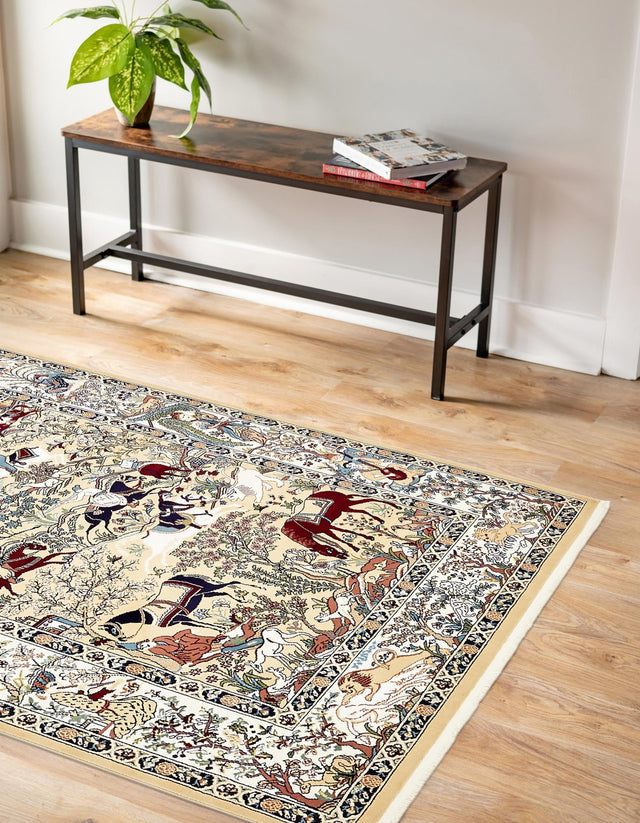 Tan 5' 3 x 8' Narenj Rectangle Area Rug 85% Polypropylene & 15% Polyester Traditional Classic Carpet for Living, Dining, Bedrooms, Office for Sale at Rug Engine