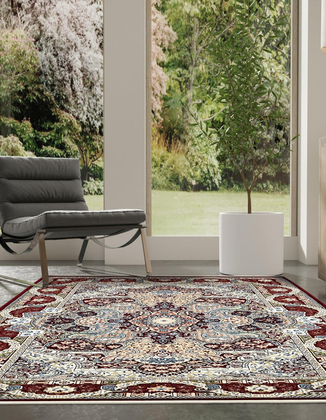 Burgundy 7' 10 x 10' Narenj Rectangle Area Rug 85% Polypropylene & 15% Polyester Traditional Classic Carpet for Living, Dining, Bedrooms, Office for Sale at Rug Engine