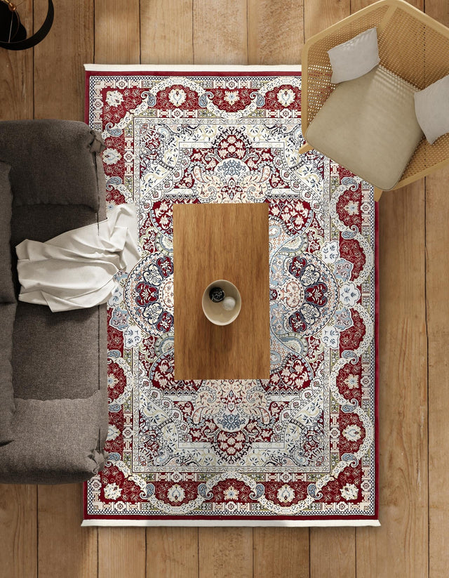 Burgundy 7' 10 x 10' Narenj Rectangle Area Rug 85% Polypropylene & 15% Polyester Traditional Classic Carpet for Living, Dining, Bedrooms, Office for Sale at Rug Engine