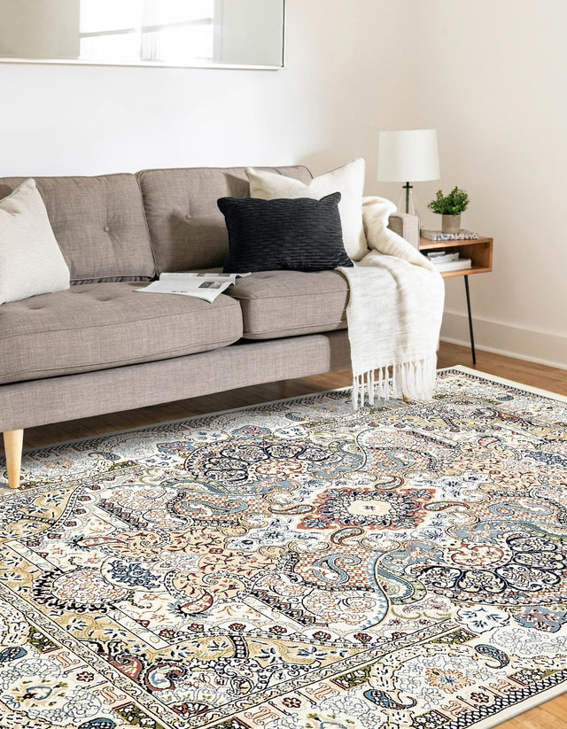 Ivory 7' 10 x 10' Narenj Rectangle Area Rug 85% Polypropylene & 15% Polyester Traditional Classic Carpet for Living, Dining, Bedrooms, Office for Sale at Rug Engine