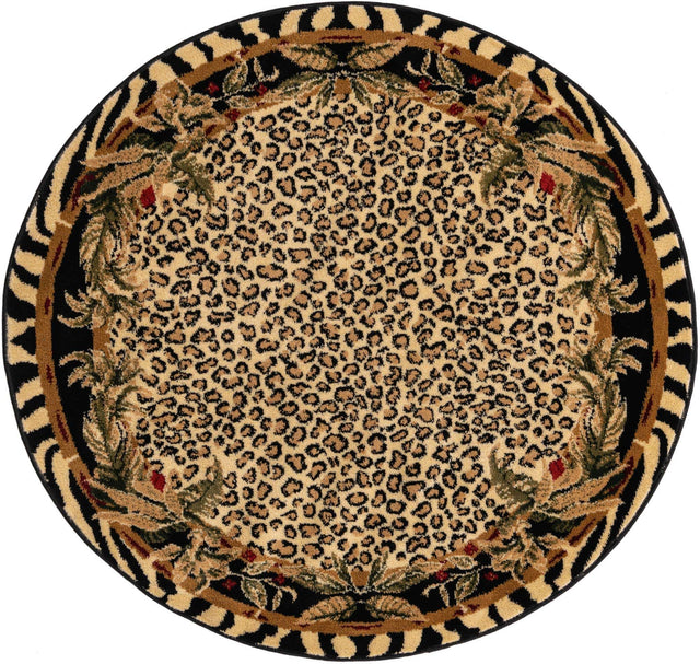 Cream 4' 1 x 4' 1 Wildlife Round Area Rug Animal Print Safari Jungle Inspired Carpet for Unique Modern Interior Design for Sale at Rug Engine