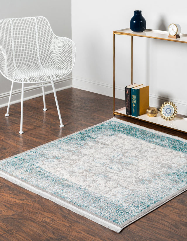 Light Blue 8' x 8' New Classical Square Area Rug 70% Polypropylene & 30% Polyester Traditional Vintage Distressed Carpet for Interior Design Home Decor for Sale at Rug Engine