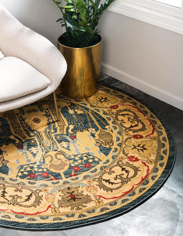 Navy Blue 8' x 8' Sahand Round Area Rug Affordable Easy Clean Traditional Design Durable Carpet for Home Interior Design Living Room Dining Office for Sale at Rug Engine