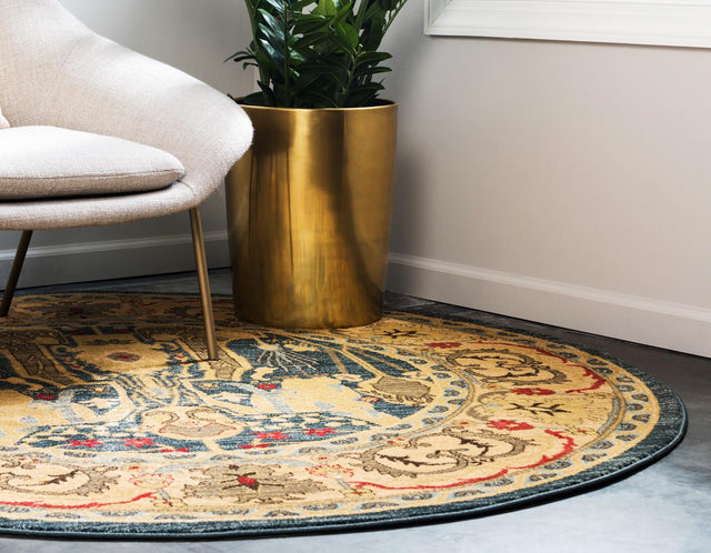 Navy Blue 6' 1 x 6' 1 Sahand Round Area Rug Affordable Easy Clean Traditional Design Durable Carpet for Home Interior Design Living Room Dining Office for Sale at Rug Engine