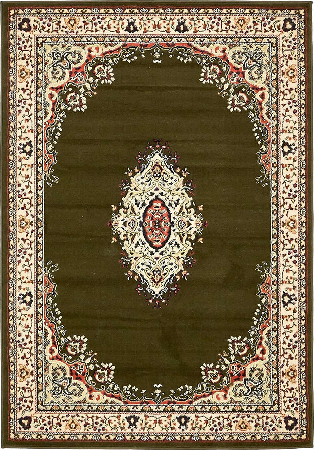 Green 4' 1 x 6' 1 Reza Rectangle Area Rug 100% Polypropylene Easy Clean Traditional Motif Classic Carpet for Home Interiors for Sale at Rug Engine
