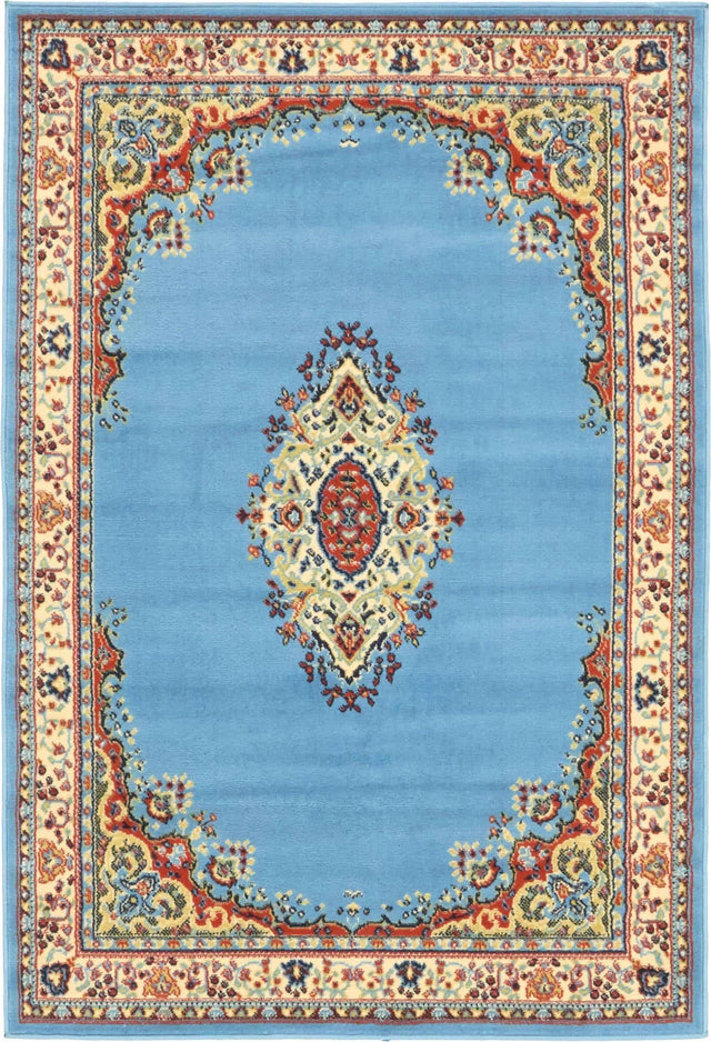 Light Blue 4' 1 x 6' 1 Reza Rectangle Area Rug 100% Polypropylene Easy Clean Traditional Motif Classic Carpet for Home Interiors for Sale at Rug Engine