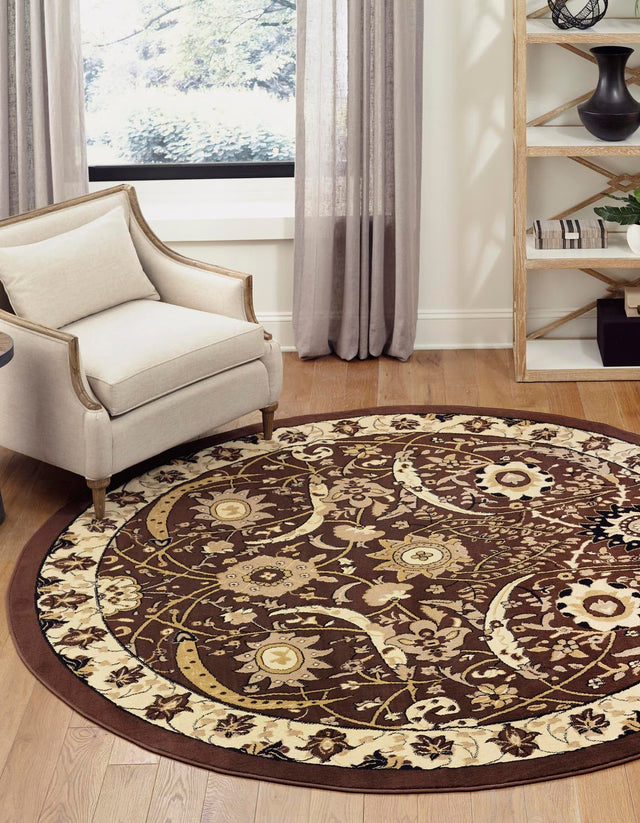 Brown 7' 10 x 7' 10 Espahan Round Area Rug 100% Polypropylene Stain Resistant Carpet With Cotton Backing Vivid Colorful Traditional Interior Design for Sale at Rug Engine