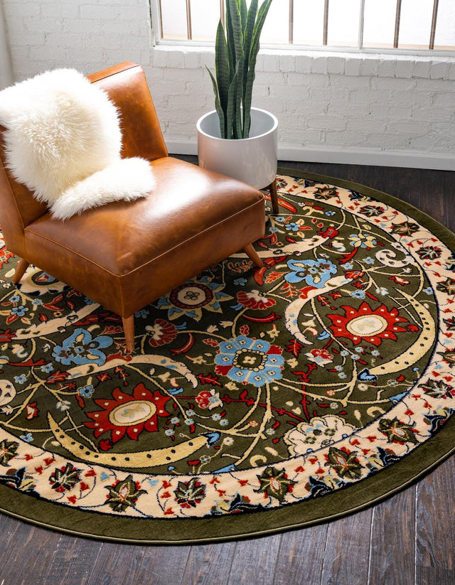 Green 7' 10 x 7' 10 Espahan Round Area Rug 100% Polypropylene Stain Resistant Carpet With Cotton Backing Vivid Colorful Traditional Interior Design for Sale at Rug Engine