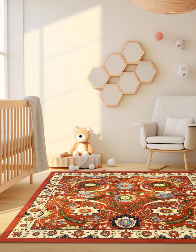 Terracotta 7' 10 x 7' 10 Espahan Square Area Rug 100% Polypropylene Stain Resistant Carpet With Cotton Backing Vivid Colorful Traditional Interior Design for Sale at Rug Engine