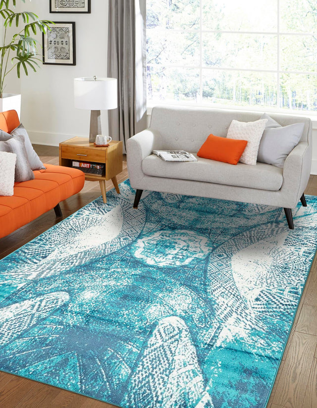 Turquoise 8' x 10' Sofia Rectangle Area Rug Durable Easy Clean Stain Resistant Unique Carpet for Affordable Interior Home Design for Sale at Rug Engine