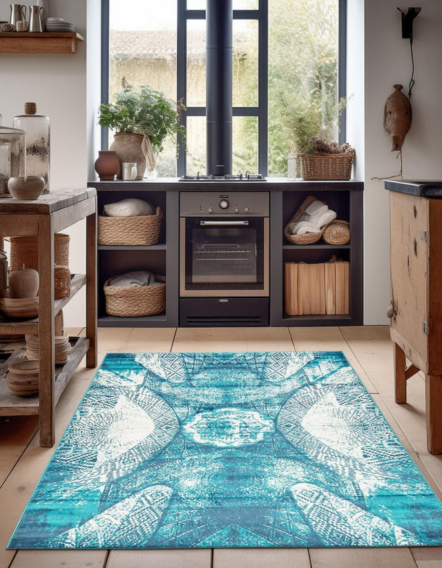 Turquoise 8' x 10' Sofia Rectangle Area Rug Durable Easy Clean Stain Resistant Unique Carpet for Affordable Interior Home Design for Sale at Rug Engine