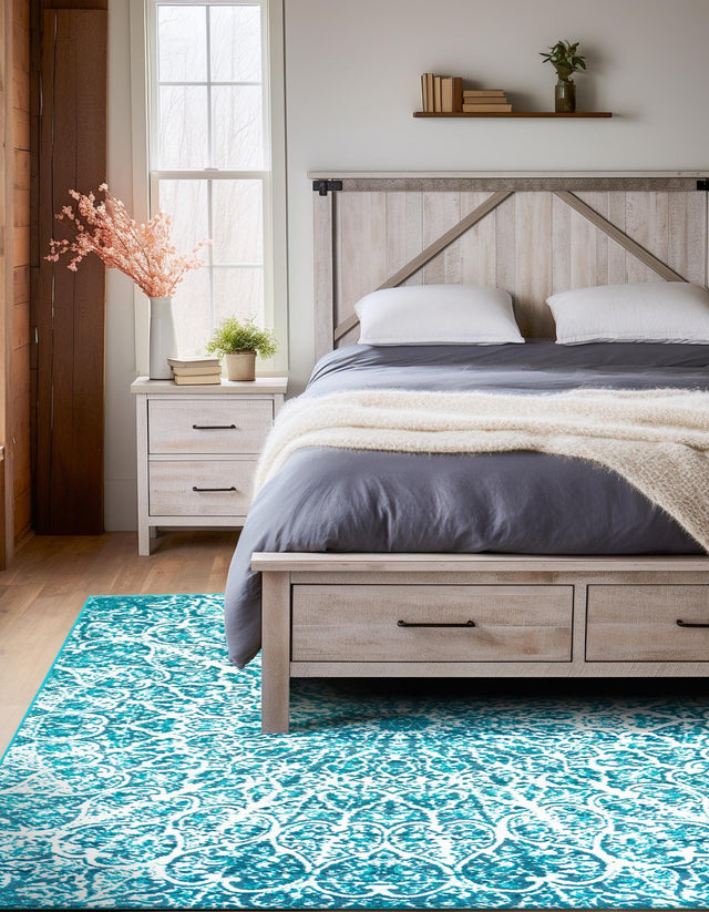 Turquoise 6' 1 x 9' Sofia Rectangle Area Rug Durable Easy Clean Stain Resistant Unique Carpet for Affordable Interior Home Design for Sale at Rug Engine