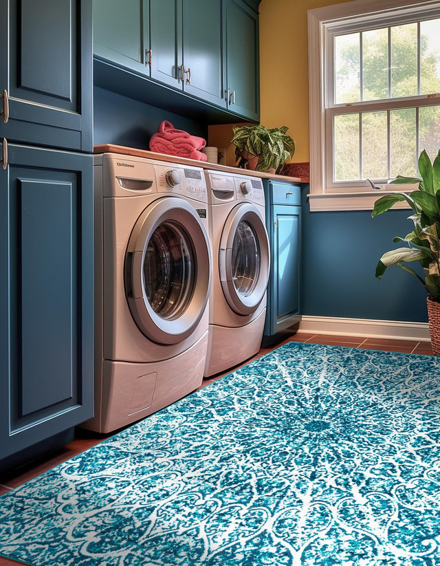 Turquoise 9' x 12' Sofia Rectangle Area Rug Durable Easy Clean Stain Resistant Unique Carpet for Affordable Interior Home Design for Sale at Rug Engine