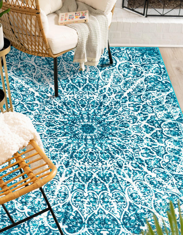 Turquoise 7' 10 x 10' Sofia Rectangle Area Rug Durable Easy Clean Stain Resistant Unique Carpet for Affordable Interior Home Design for Sale at Rug Engine