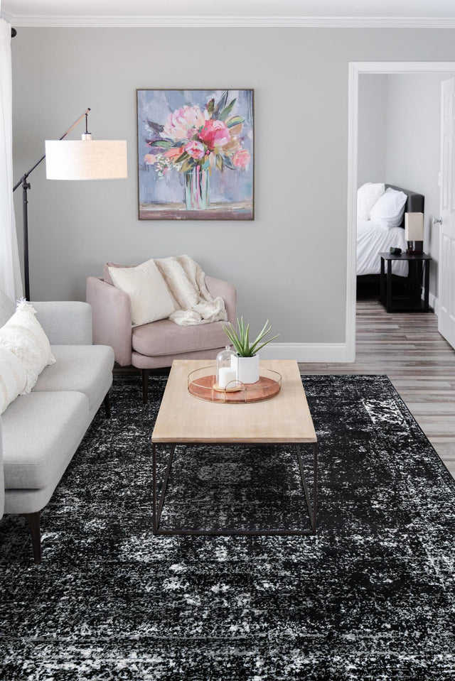 Black 7' 1 x 10' Sofia Rectangle Area Rug Durable Easy Clean Stain Resistant Unique Carpet for Affordable Interior Home Design for Sale at Rug Engine