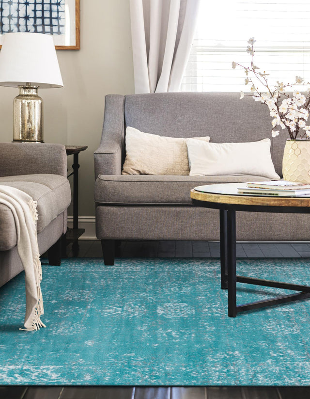 Turquoise 7' 10 x 10' Sofia Rectangle Area Rug Durable Easy Clean Stain Resistant Unique Carpet for Affordable Interior Home Design for Sale at Rug Engine