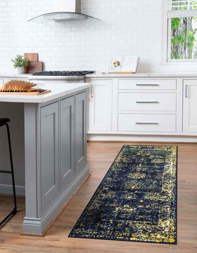 Navy Blue 3' 3 x 19' 8 Sofia Runner Area Rug Durable Easy Clean Stain Resistant Unique Carpet for Affordable Interior Home Design for Sale at Rug Engine