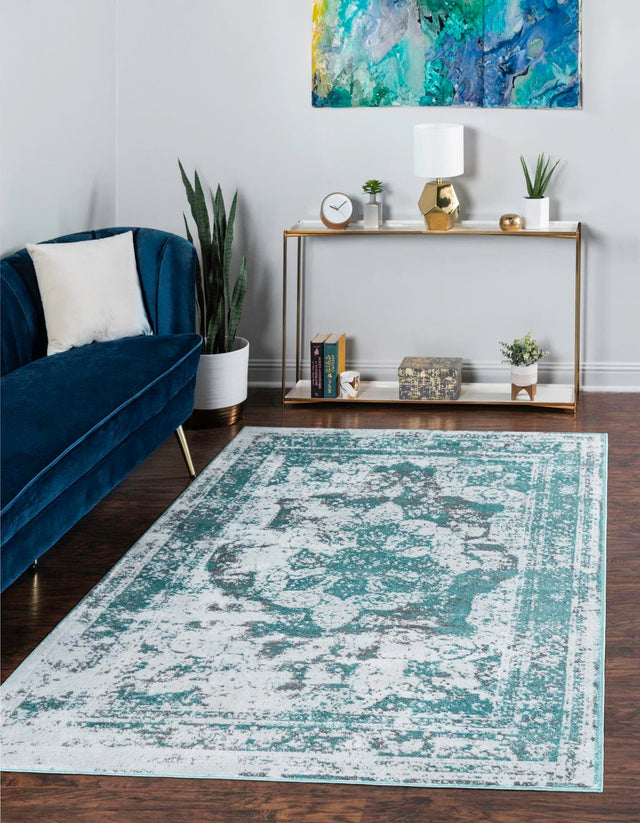 Turquoise 6' 1 x 9' Sofia Rectangle Area Rug Durable Easy Clean Stain Resistant Unique Carpet for Affordable Interior Home Design for Sale at Rug Engine
