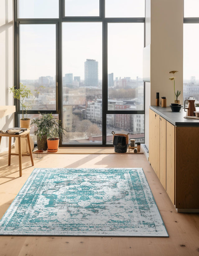Turquoise 7' 10 x 11' Sofia Rectangle Area Rug Durable Easy Clean Stain Resistant Unique Carpet for Affordable Interior Home Design for Sale at Rug Engine