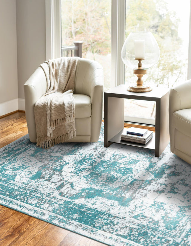 Turquoise 7' 10 x 10' Sofia Rectangle Area Rug Durable Easy Clean Stain Resistant Unique Carpet for Affordable Interior Home Design for Sale at Rug Engine