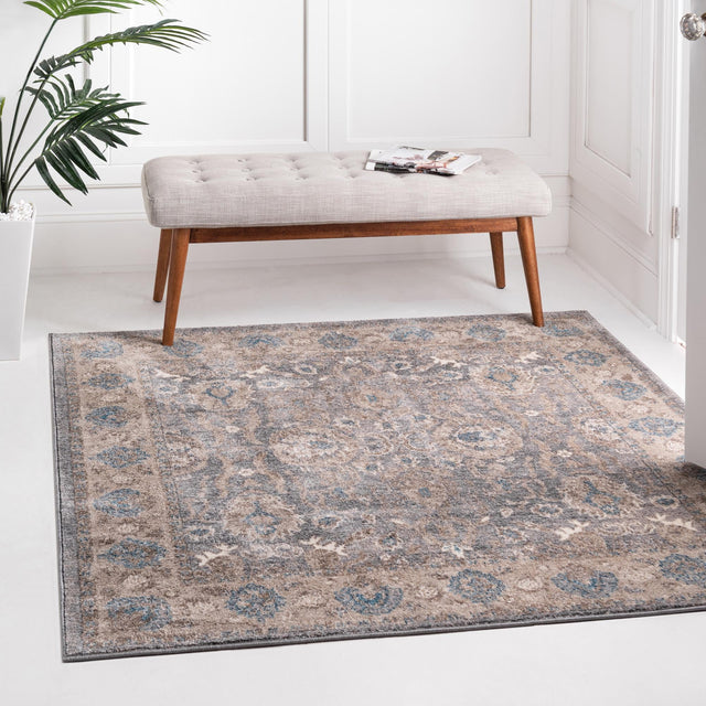 Gray 4' x 4' Salzburg Square Area Rug Stain Resistant Easy Clean Traditional Classic Design Durable Carpet for Affordable Interior Home Decorating for Sale at Rug Engine
