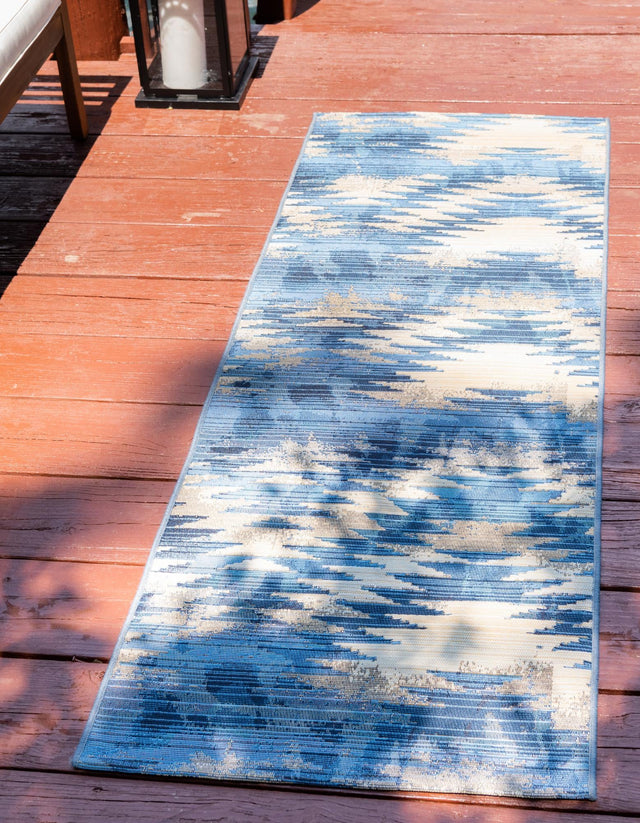 Blue 2' x 6' 1 Outdoor Modern Runner Area Rug Weather Resistant for Patio, Deck, Terrace, Balcony, Porch 100% Polypropylene Modern Outside Carpet for Sale at Rug Engine