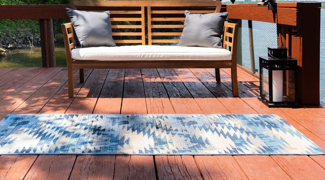 Blue 2' x 6' 1 Outdoor Modern Runner Area Rug Weather Resistant for Patio, Deck, Terrace, Balcony, Porch 100% Polypropylene Modern Outside Carpet for Sale at Rug Engine